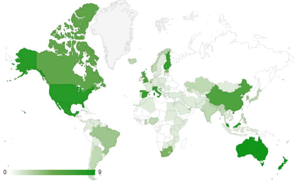 COVID-19 MAP: Distribution and relative number of responses by country.